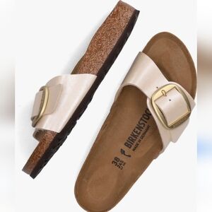 Birkenstock Metallic Pale Pink Single Strap Sandals with Gold Buckle